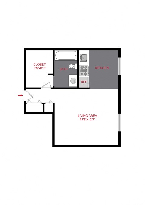 Floor plan for studio, 1 bath, 395 sqft